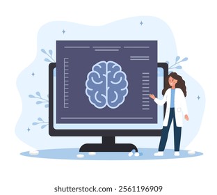 Neurologist concept. Woman in medical uniform study brain diseases. Anatomy and biology. Vector illustration in flat cartoon style.