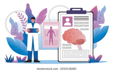 Neurologist doctor concept. Man in medical uniform near structure of brain. Anatomy and biology. Diagnosis and treatment. Flat vector illustration isolated on white background