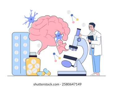 Neurologist doctor concept. Man in medical uniform with microscope near brain. Scientific research in laboratory. Healthcare and medicine. Diagnosis and treatment. Linear vector illustration