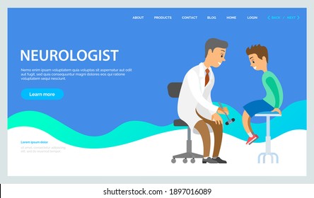 Neurologist examining boy for diagnosis in hospital room landing page template, clinic for children. Male doctor with neurological hammer checks the reflexes of the child sitting on the chair