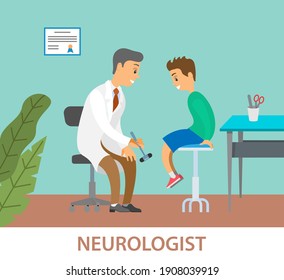 Neurologist examining boy for diagnosis in hospital room. Doctor doing a physical examination of the patient. Male medic with neurological hammer checks the reflexes of the child sitting on the chair