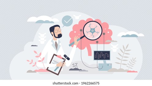 Neurologist as medical specialist and neural care doctor tiny person concept. Occupation and profession with nerve examination, disease diagnosis and treatment vector illustration. Clinical research.