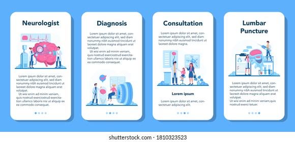 Neurologist mobile application banner set. Doctor examine human brain. Idea of doctor caring about patient health. Medical diagnosis and consultation. Vector illustration in cartoon style