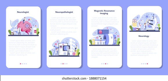 Neurologist mobile application banner set. Doctor examine human brain. Idea of doctor caring about patient health. Medical MRI diagnosis and consultation. Vector illustration in cartoon style