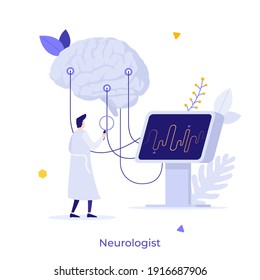 Neurologist, neuroscientist, physician looking at brain connected to display with EEG indication. Concept of neurology, neuroscience, electroencephalography. Modern flat colorful vector illustration.