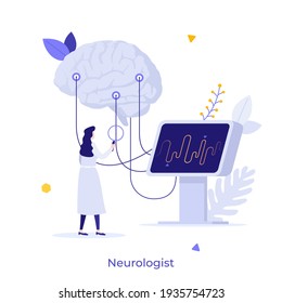 Neurologist, neuroscientist, physician looking at brain connected to display with EEG indication. Concept of neurology, neuroscience, electroencephalography. Modern flat colorful vector illustration.