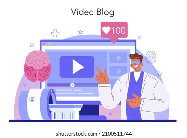Neurologist online service or platform. Doctor examine and treat brain and nervous system. Nervous system disease' therapy. Video blog. Flat vector illustration
