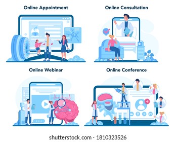 Neurologist online service or platform set. Doctor examine human brain. Idea of doctor caring about patient health. Online appointment, consultation, webinar, conference. Vector illustration