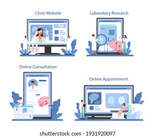 Neurologist online service or platform set. Doctor examine human brain. Medical MRI diagnosis. Online appointment, consultation, clinic website, laboratory research. Vector illustration