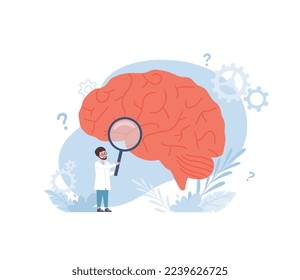 Científico neurólogo estudiando la estructura y la actividad eléctrica del cerebro, ilustración vectorial plana aislada en el fondo blanco. Neurología y funciones cerebrales.