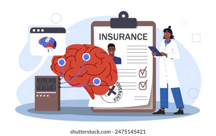 Neurologist study brain. Woman in medical uniform next to patients profile. Diagnosis, health care and treatment. Study of reflexes and neural activity of brain. Cartoon flat vector illustration