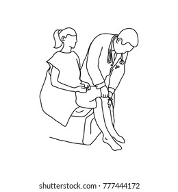 Neurologist using small hammer to test knee reflex on female patient vector illustration outline sketch hand drawn with black lines isolated on white background