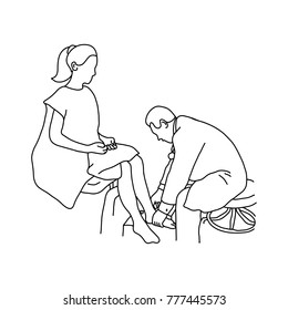 Neurologist using small hammer to test ankle joint reflex on female patient vector illustration outline sketch hand drawn with black lines isolated on white background