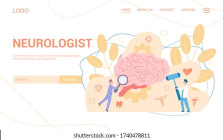 Neurologist web banner or landing page. Doctor examine huge brain. Idea of doctor caring about patient health. Medical treatment and recovery. Vector illustration in cartoon style