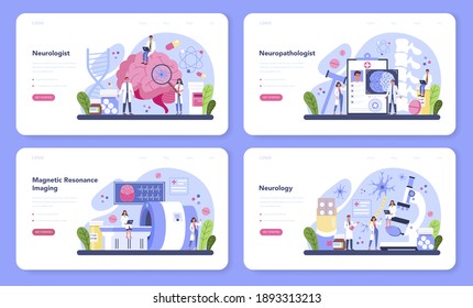 Neurologist web banner or landing page set. Doctor examine human brain. Idea of doctor caring about patient health. Medical MRI diagnosis and consultation. Vector illustration in cartoon style