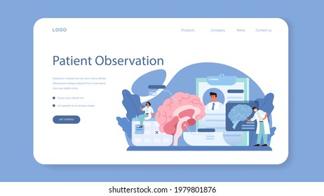 Neurologist web banner or landing page. Doctor examine human brain. Idea of doctor caring about patient health. Medical MRI diagnosis and consultation. Vector illustration in cartoon style