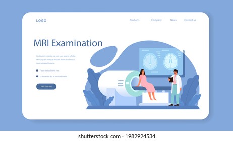 Neurologist web banner or landing page. Doctor examine human brain. Idea of doctor caring about patient health. Medical MRI diagnosis and consultation. Vector illustration in cartoon style