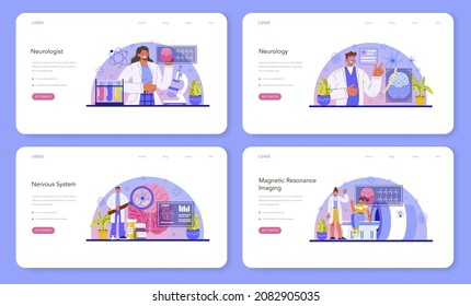 Neurologist web banner or landing page set. Doctor examine and treat human brain and nervous system. Nervous system disease' therapy. Medical MRI diagnosis and consultation. Flat vector illustration