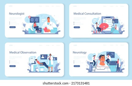 Neurologist web banner or landing page set. Doctor examine and treat human brain and nervous system. Nervous system disease' therapy. Medical MRI diagnosis and consultation. Flat vector illustration