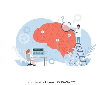 Neurologists or neuroscientists study human brain, flat cartoon vector illustration isolated on white background. Banner for neurology, and electroencephalography exam.