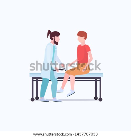 neurologists testing knee-jerk on man knee doctors in uniform using hummer checking reflexes of male patient medicine healthcare concept full length flat
