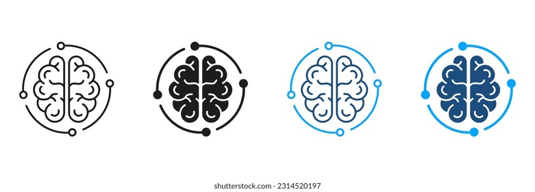 Neurology and Artificial Intelligence Black and Color Symbol Collection. Tech Science Sign. Human Brain and Digital Technology Silhouette and Line Icons Set. Isolated Vector Illustration.