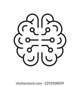 Neurology and Artificial Intelligence Symbol on White Background. Tech Science Linear Pictogram. Human Brain and Digital Technology Black Line Icon. Editable Stroke. Isolated Vector Illustration.