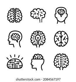 Juego de vectores de iconos cerebrales de neurología. Conjunto de esquemas de iconos del vector cerebral para el diseño web aislado en blanco