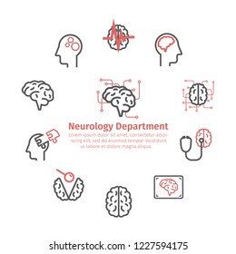 Neurology Center round banner. Line icons. Clinic icons. Brain signs. Vector illustration