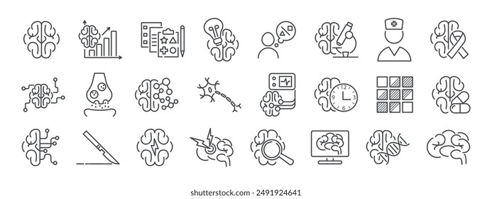 Neurology clinic, human brain line icon set. Neuron, axon, dendrite, synapse, headache, eeg, brain biochemistry, cancer, psychometric tests, Blocks vector illustration. Editable Strokes