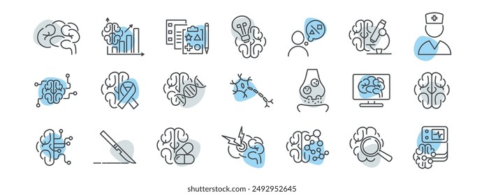 Clínica de neurología, conjunto de iconos de línea cerebral humana. Neurona, axón, dendrita, sinapsis, dolor de cabeza, eeg, bioquímica cerebral, cáncer, pruebas psicométricas, Ilustración vectorial de Bloques de Kohs. Trazos editables