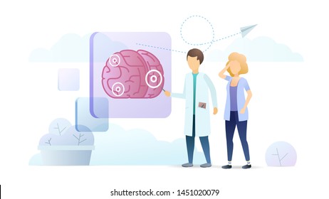 Neurology clinic, neurobiology vector illustration. Neurologist doctor and patient with headache cartoon characters. Medical migraine treatment, diagnosis center. Human brain physiology study.