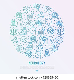 Neurology concept in circle with thin line icons: brain, neuron, neural connections, neurologist, magnifier. Vector illustration for medical survey or report.