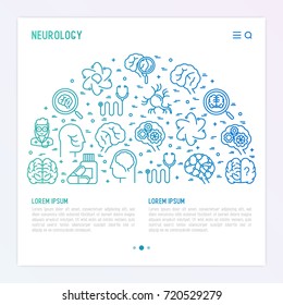 Neurology concept in half circle with thin line icons: brain, neuron, neural connections, neurologist, magnifier. Vector illustration for background of medical survey or report with place for text.
