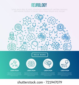 Neurology concept in half circle with thin line icons: brain, neuron, neural connections, neurologist, magnifier. Vector illustration for medical survey or report.