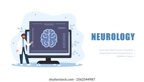 Neurology concept. Male doctor examine MRI scan. Brain disease diagnostics. Vector illustration in flat cartoon style.