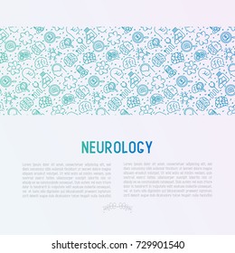 Neurology concept with thin line icons: brain, neuron, neural connections, neurologist, magnifier. Vector illustration for medical survey or report with place for text.