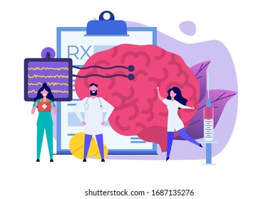 Neurology diagnostics, neurobiology concept vector illustration. Neurologist Tiny doctors treat, inspection check human Brain.