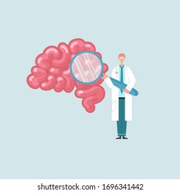 Neurology diagnostics, neurobiology concept vector illustration. Neurologist Tiny doctors treat, inspection check human Brain.