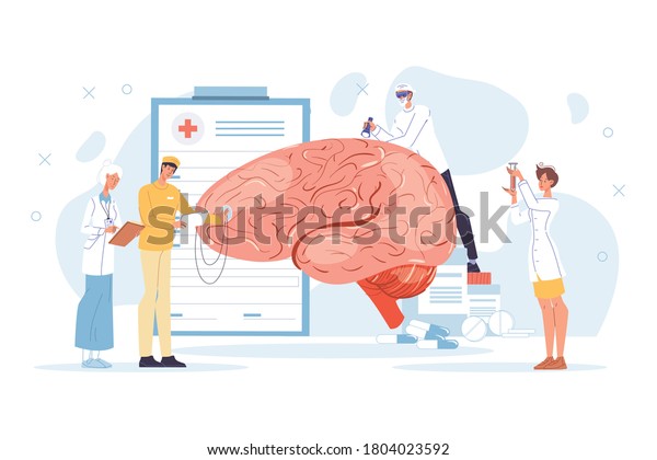 Neurology disease diagnostics, neurosurgery\
illness treatment. Doctor neurologist team character in uniform\
study tiny nerve examine huge human brain, test mind sense.\
Healthcare, medicine