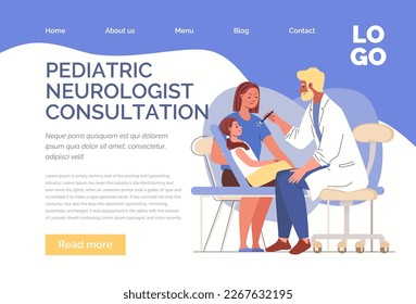 Neurology Disease Diagnostics and Treatment. Neurologist Character Checking Reflexes of Eye of Female Child Patient. In doctor's office, mother with kid. Vector illustration Web template, landing page