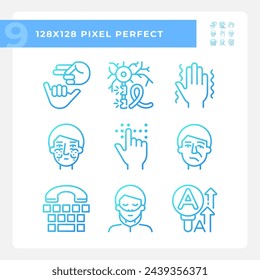 Lineare Vektor-Icons für den Gradienten der Neurologie-Krankheit gesetzt. Taube nonverbale Kommunikation. Gesichtslähmung, genetische Störung. Dünne Linie Kontursymbol entwirft Bündel. Auflistungen isolierter Gliederungszeichnungen