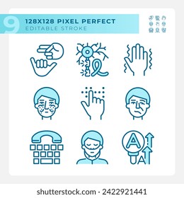 Neurology disease light blue icons. Deaf nonverbal communication. Face paralysis, genetic disorder. RGB color. Website icons set. Simple design element. Contour drawing. Line illustration