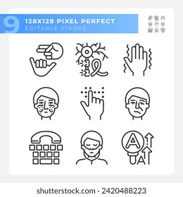 Neurology disease linear icons set. Deaf nonverbal communication. Face paralysis, genetic disorder. Customizable thin line symbols. Isolated vector outline illustrations. Editable stroke