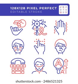 Neurology disease two color line icons set. Deaf nonverbal communication. Face paralysis, genetic disorder. bicolor outline iconset isolated. Duotone pictograms thin linear. Editable stroke