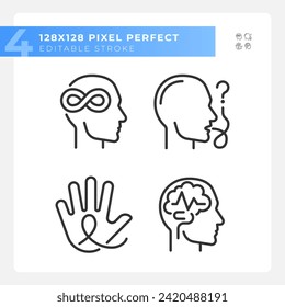 Neurology diseases linear icons set. Neurological illness. Intellectual disability, brain damage. Customizable thin line symbols. Isolated vector outline illustrations. Editable stroke