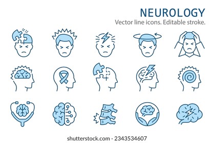 Flache Neurologie-Symbole wie Hirntumoren, Demenz, Multipler Sklerose, Epilepsie und mehr. Bearbeitbarer Strich.