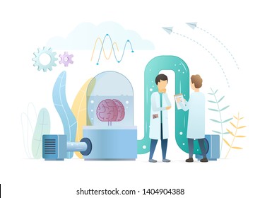 Neurologie flache Vektorgrafik. Wissenschaftler, die Zeichentrickfiguren im Gehirn studieren. Wissenschaftliche Forschung, Neurophysiologie-Konzept. Biologen im modernen, futuristischen Labor diskutieren Neurowissenschaften.