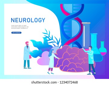 Neurology genetics concept. Flat style little people doctors medical team working, constructing DNA, researching Deoxyribonucleic acid. Brain, Creative mind, learning and design Landing page template.
