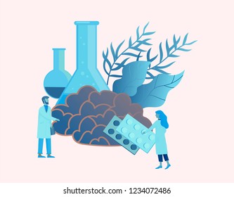 Neurology genetics concept. Flat style little people doctors medical team working, constructing DNA, researching Deoxyribonucleic acid. Brain, Creative mind, learning and design Landing page template.